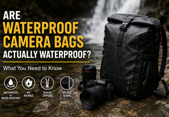 Waterproof camera backpack and camera gear beside a wet stream, illustrating camera bag water protection.