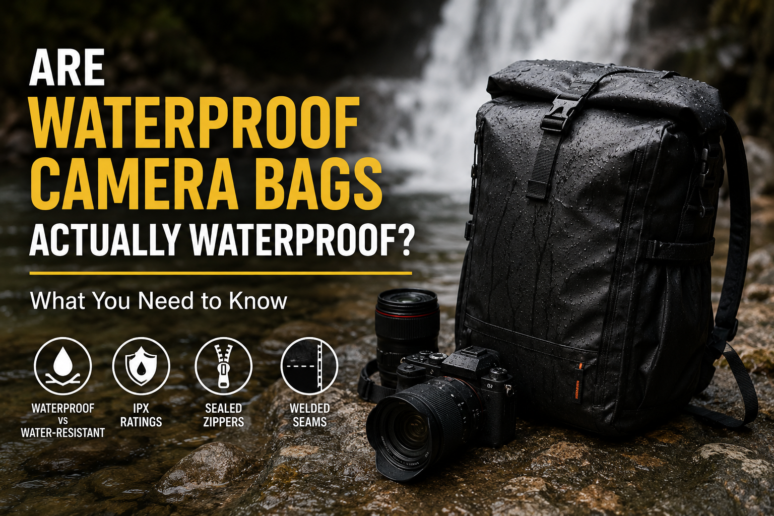 Waterproof camera backpack and camera gear beside a wet stream, illustrating camera bag water protection.