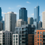 A skyline view showcasing a mix of modern residential and commercial buildings in an urban setting.