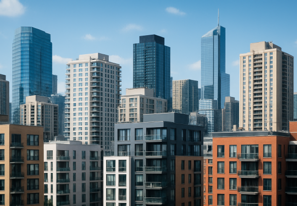 A skyline view showcasing a mix of modern residential and commercial buildings in an urban setting.