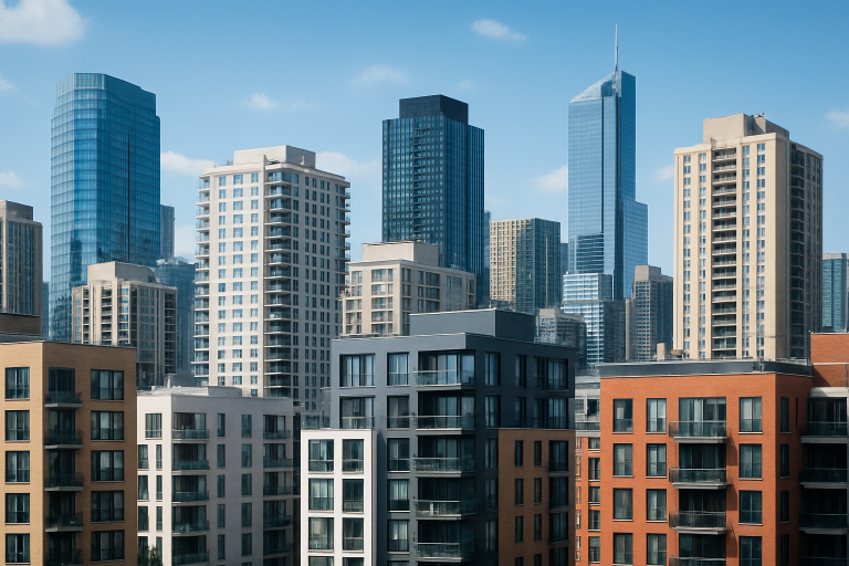 A skyline view showcasing a mix of modern residential and commercial buildings in an urban setting.
