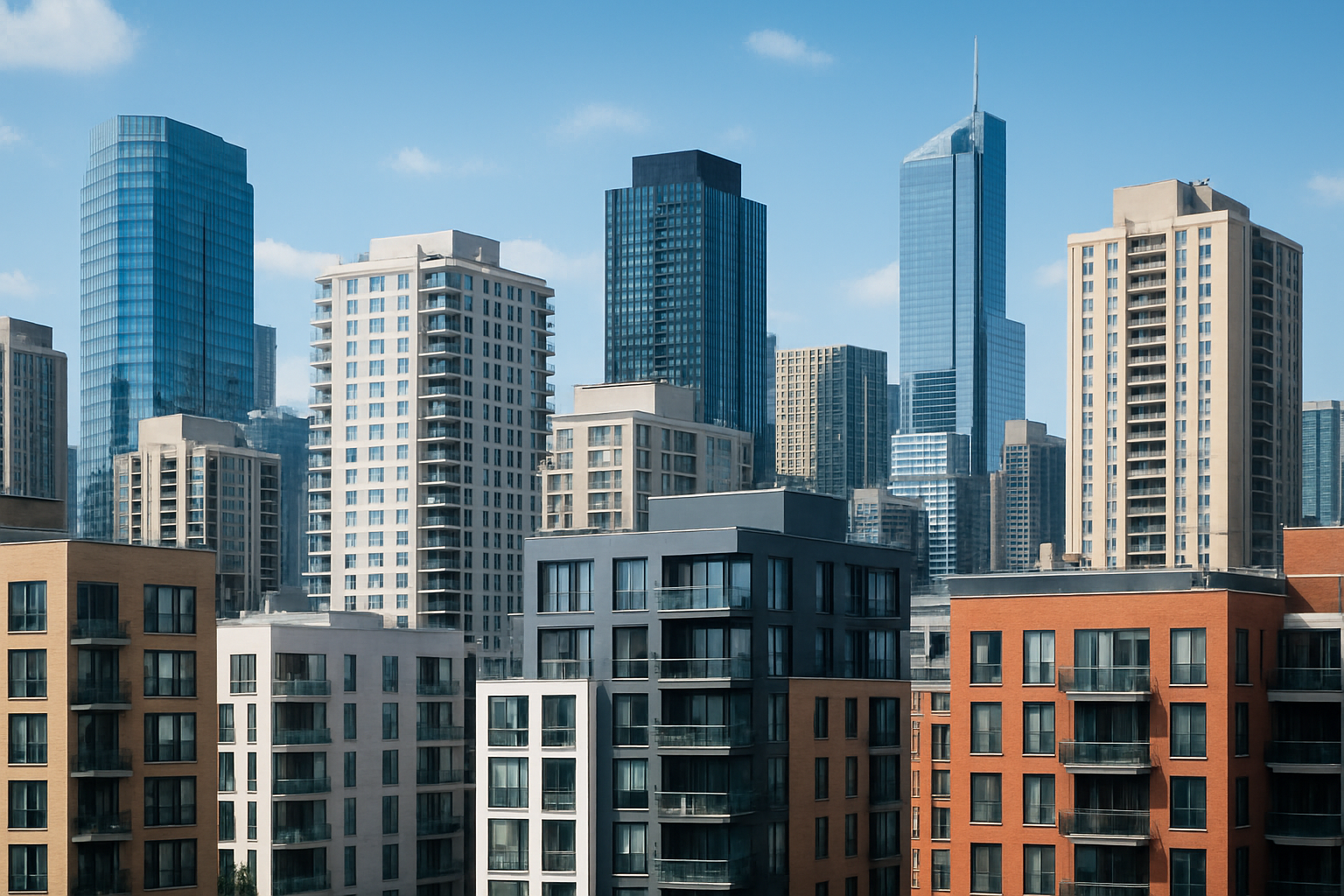 A skyline view showcasing a mix of modern residential and commercial buildings in an urban setting.